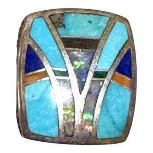 Vintage Sterling Silver Turquoise Opal Coral & Lapis Inlay Pendant Slide Zuni
